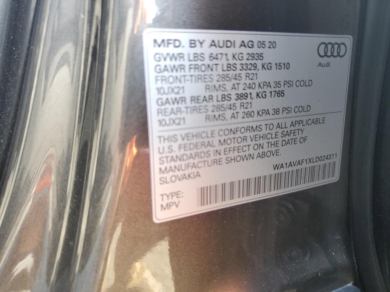 2020 Audi Q8 Premium VIN: WA1AVAF1XLD024311 Lot: 71182495