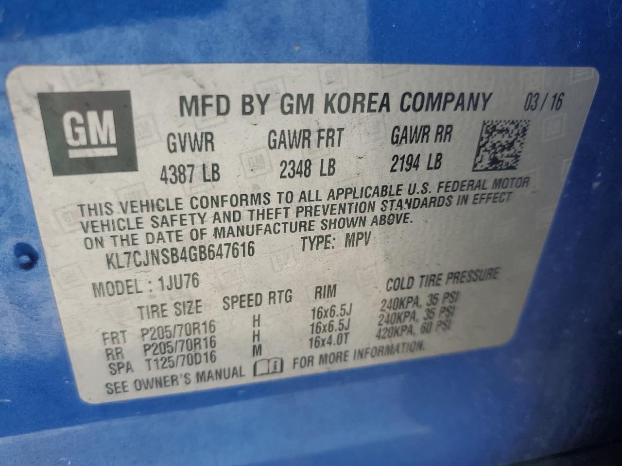 2016 Chevrolet Trax Ls VIN: KL7CJNSB4GB647616 Lot: 81109455