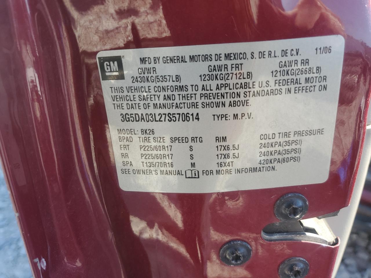 2007 Buick Rendezvous Cx VIN: 3G5DA03L27S570614 Lot: 71454885