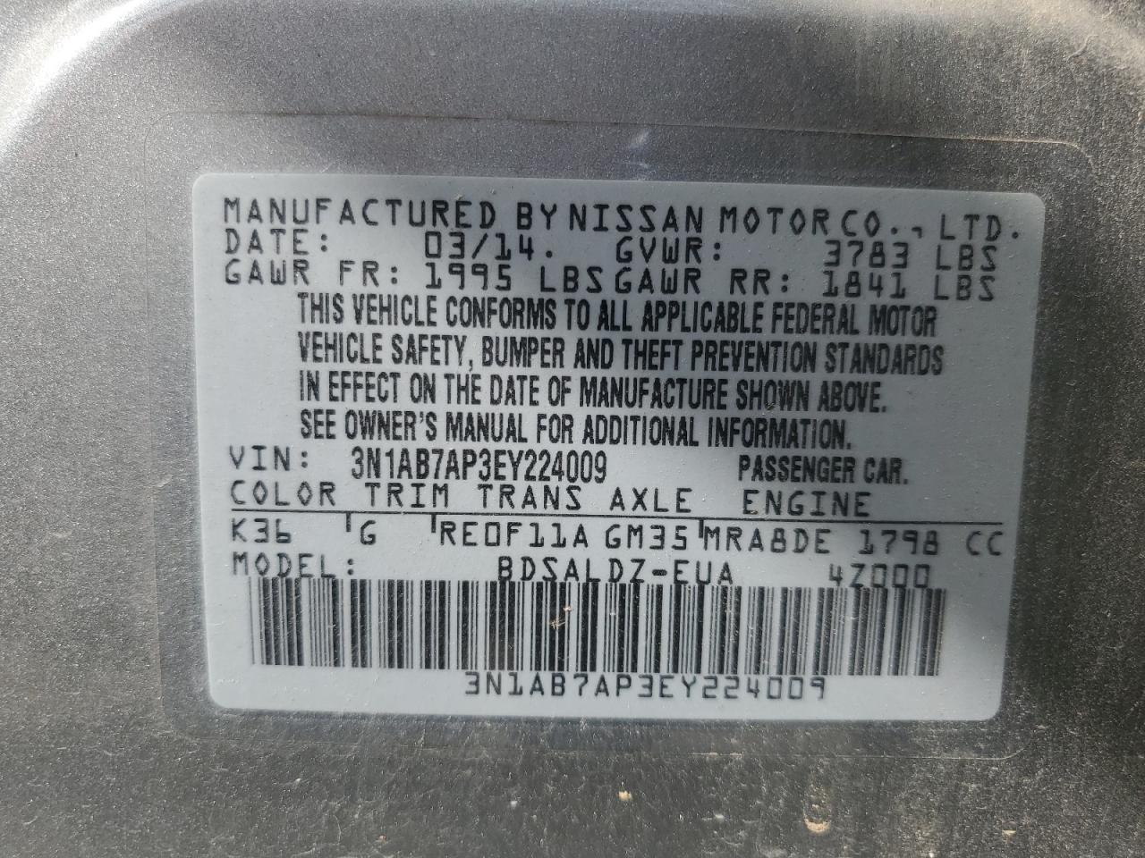 2014 Nissan Sentra S VIN: 3N1AB7AP3EY224009 Lot: 83983355