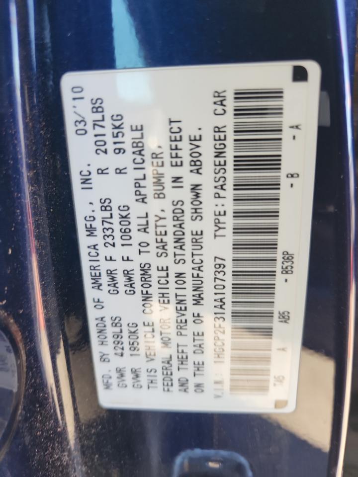 2010 Honda Accord Lx VIN: 1HGCP2F31AA107397 Lot: 71752115