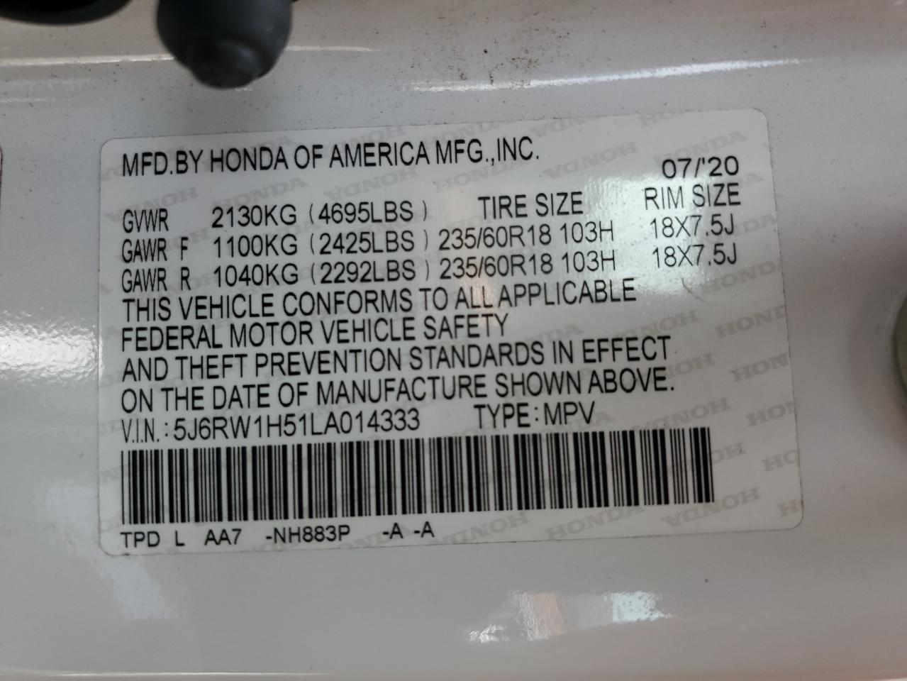 2020 Honda Cr-V Ex VIN: 5J6RW1H51LA014333 Lot: 80032765