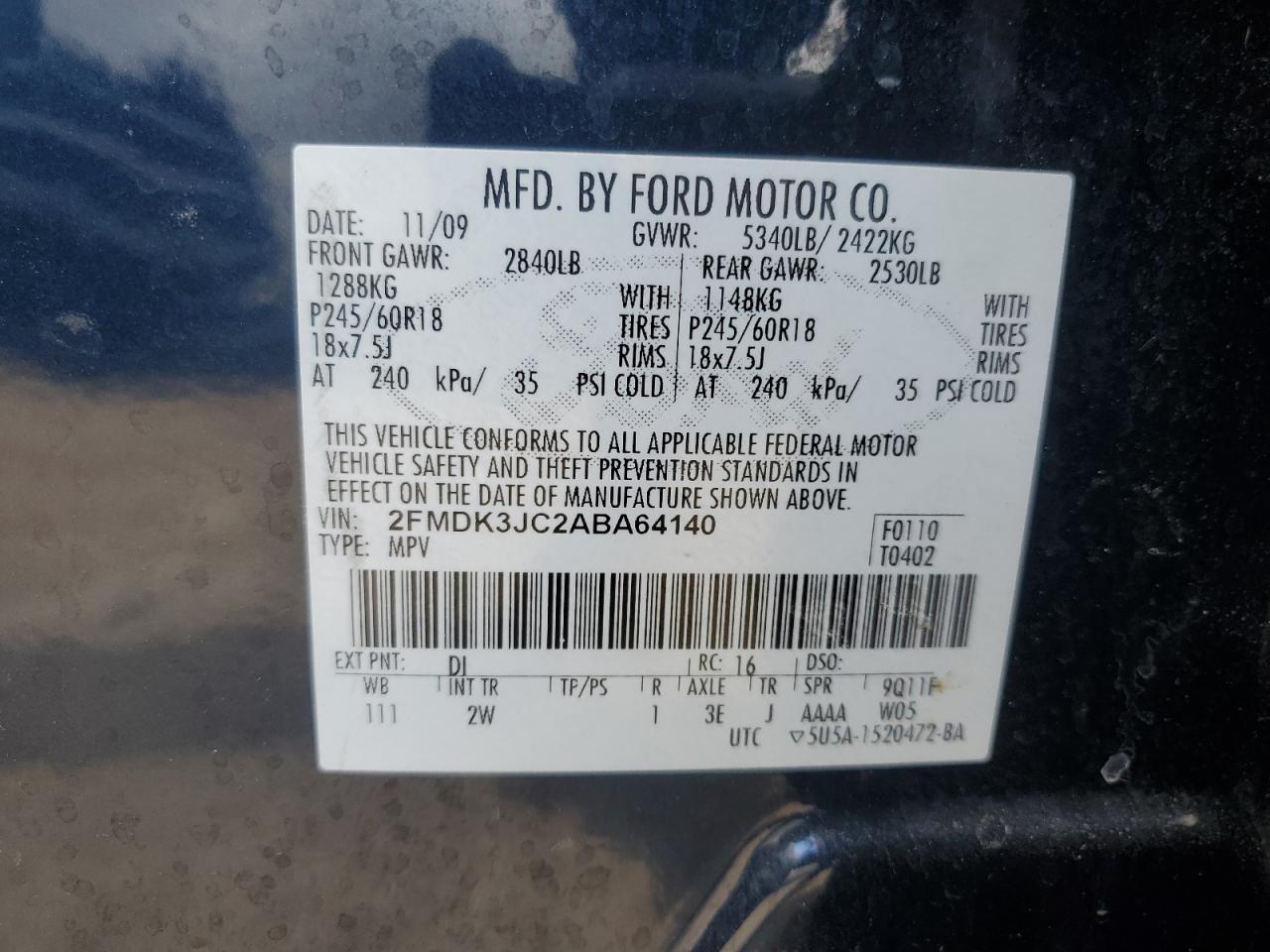 2010 Ford Edge Sel VIN: 2FMDK3JC2ABA64140 Lot: 81181815