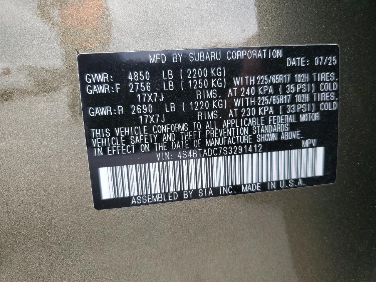 2025 Subaru Outback Premium VIN: 4S4BTADC7S3291412 Lot: 81109705