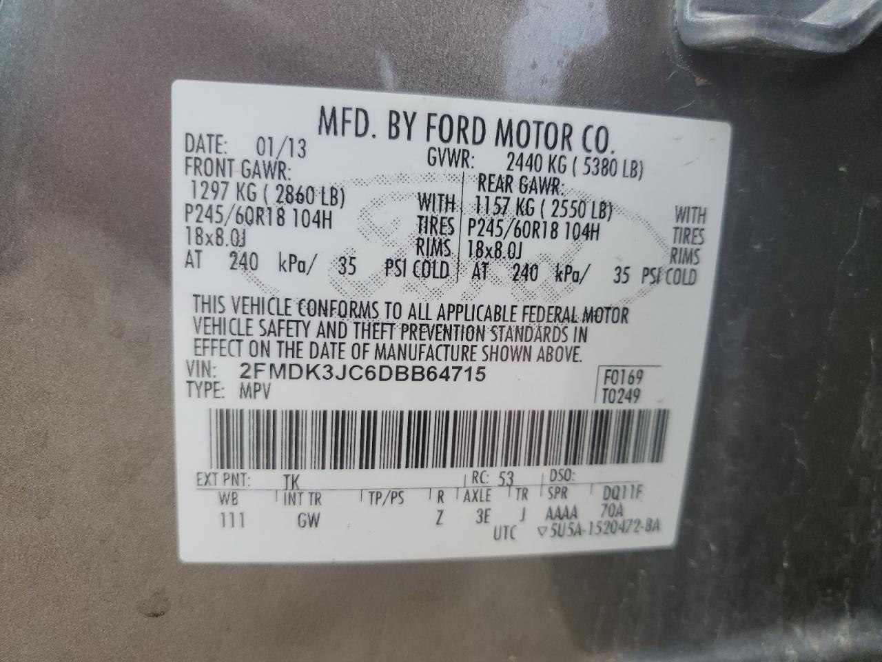 2013 Ford Edge Sel VIN: 2FMDK3JC6DBB64715 Lot: 71889135