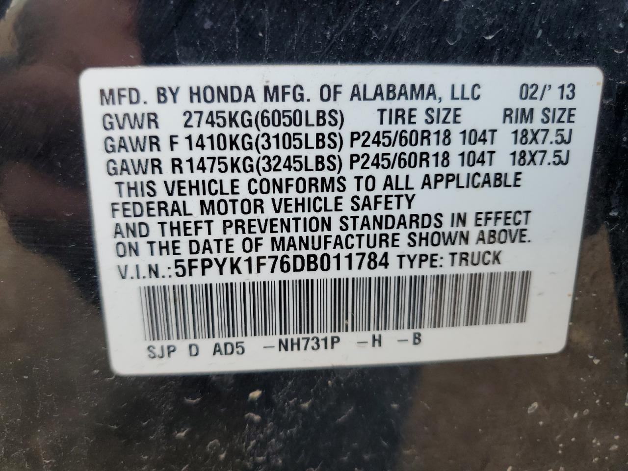 2013 Honda Ridgeline Sport VIN: 5FPYK1F76DB011784 Lot: 71172585
