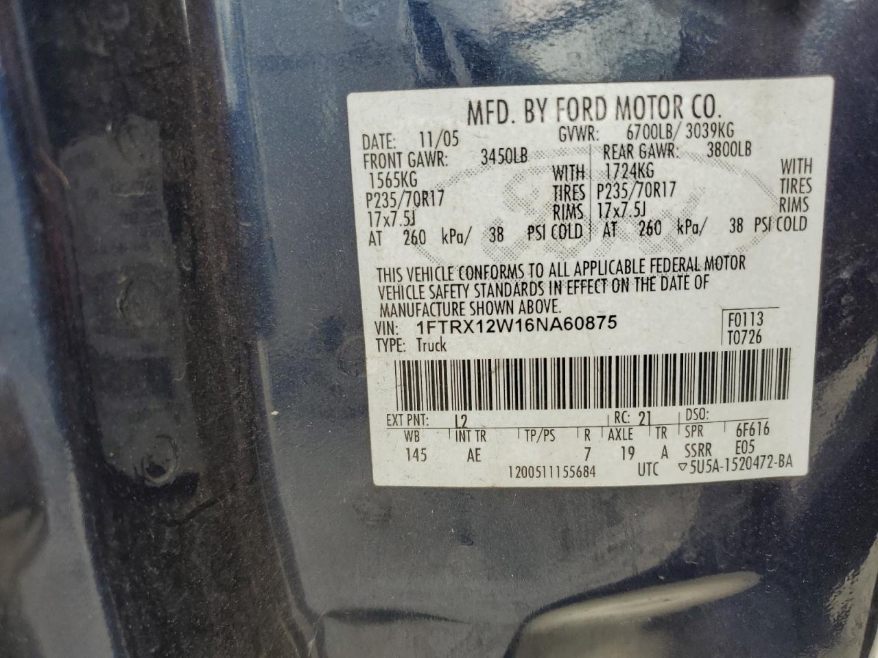 2006 Ford F150 VIN: 1FTRX12W16NA60875 Lot: 81035035