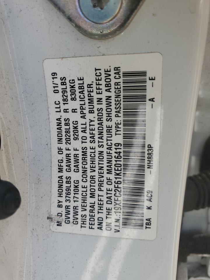 2019 Honda Civic Lx VIN: 19XFC2F61KE016419 Lot: 71605915