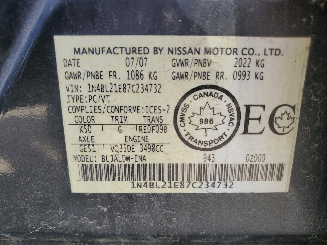 2007 Nissan Altima 3.5Se VIN: 1N4BL21E87C234732 Lot: 80612885