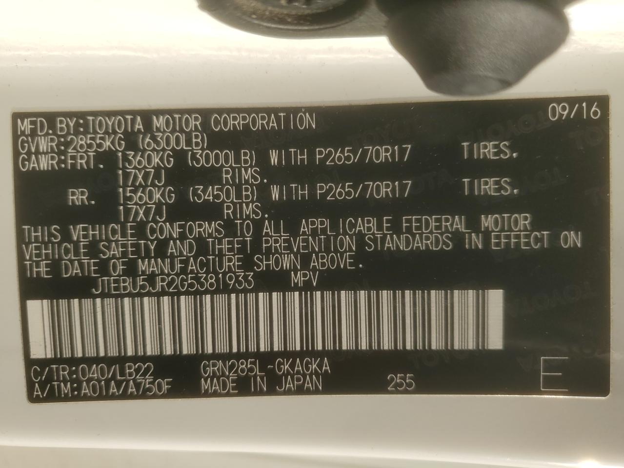 2016 Toyota 4Runner Sr5/Sr5 Premium VIN: JTEBU5JR2G5381933 Lot: 71272655