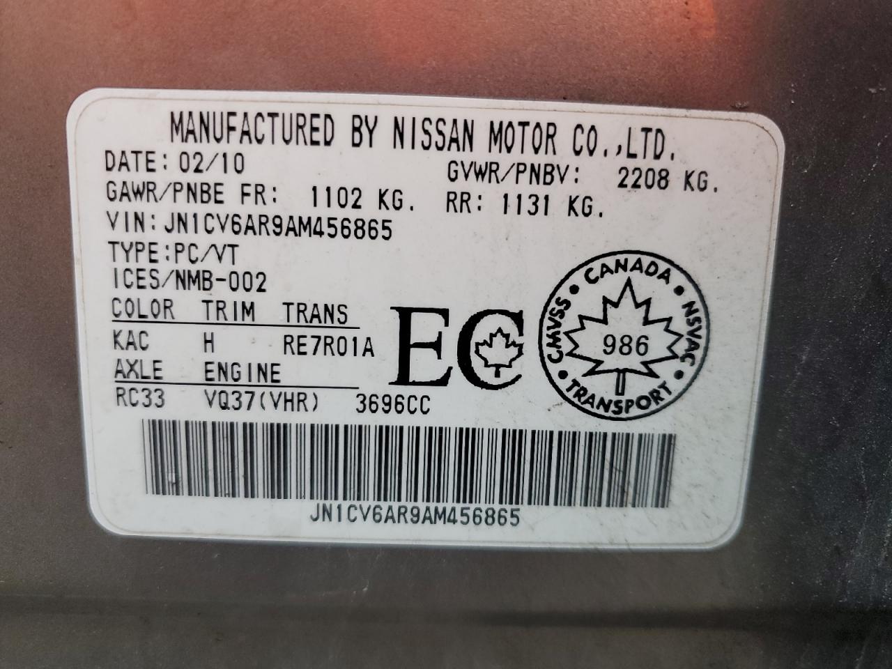 2010 Infiniti G37 VIN: JN1CV6AR9AM456865 Lot: 81385005