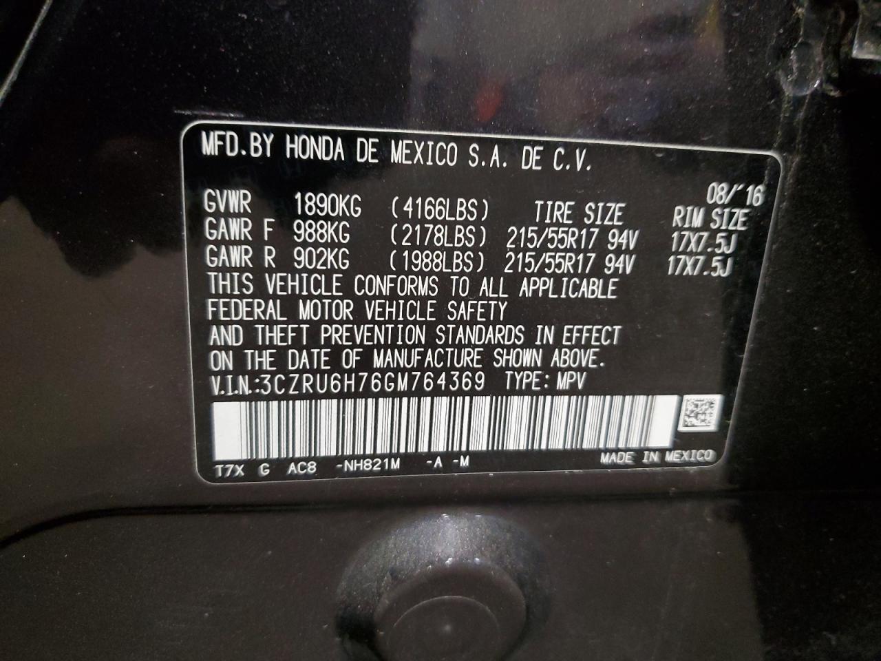2016 Honda Hr-V Exl VIN: 3CZRU6H76GM764369 Lot: 72038655