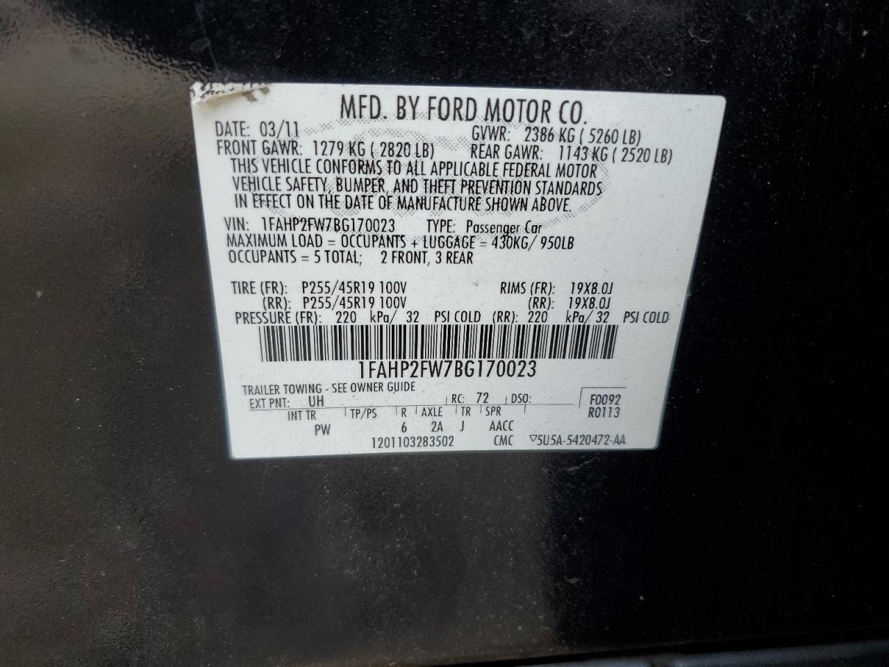 2011 Ford Taurus Limited VIN: 1FAHP2FW7BG170023 Lot: 71217155