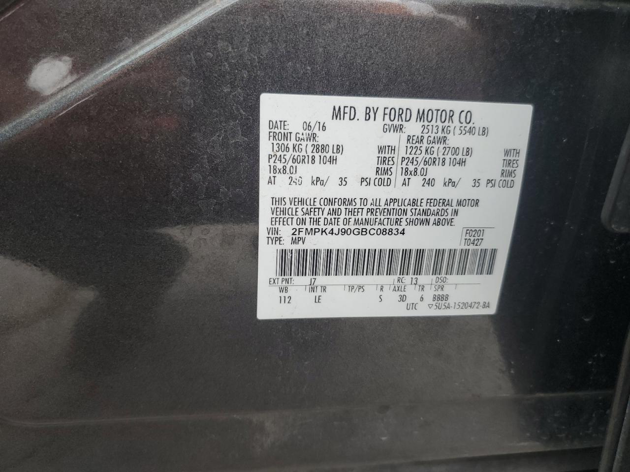 2016 Ford Edge VIN: 2FMPK4J90GBC08834 Lot: 81749595