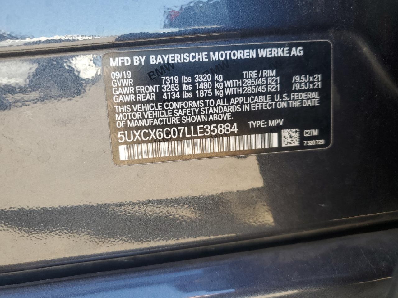 2020 BMW X7 M50I VIN: 5UXCX6C07LLE35884 Lot: 84449075