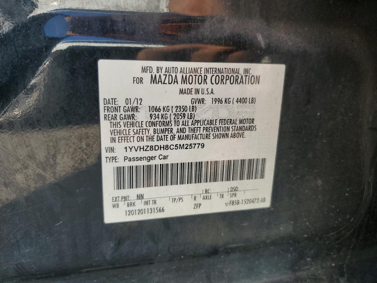 2012 Mazda 6 I VIN: 1YVHZ8DH8C5M25779 Lot: 81096855