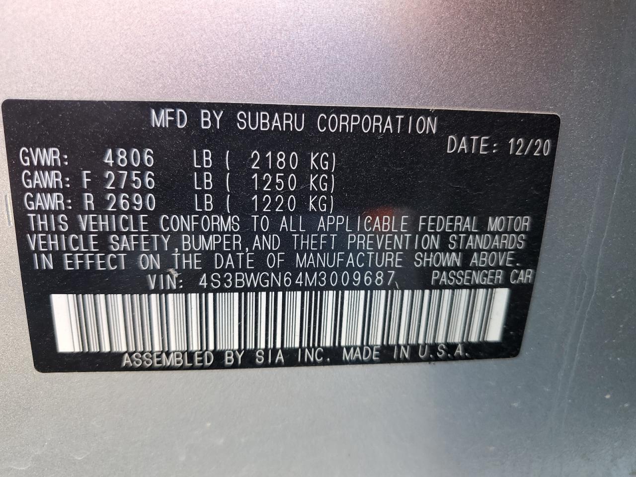 2021 Subaru Legacy Limited Xt VIN: 4S3BWGN64M3009687 Lot: 83838775