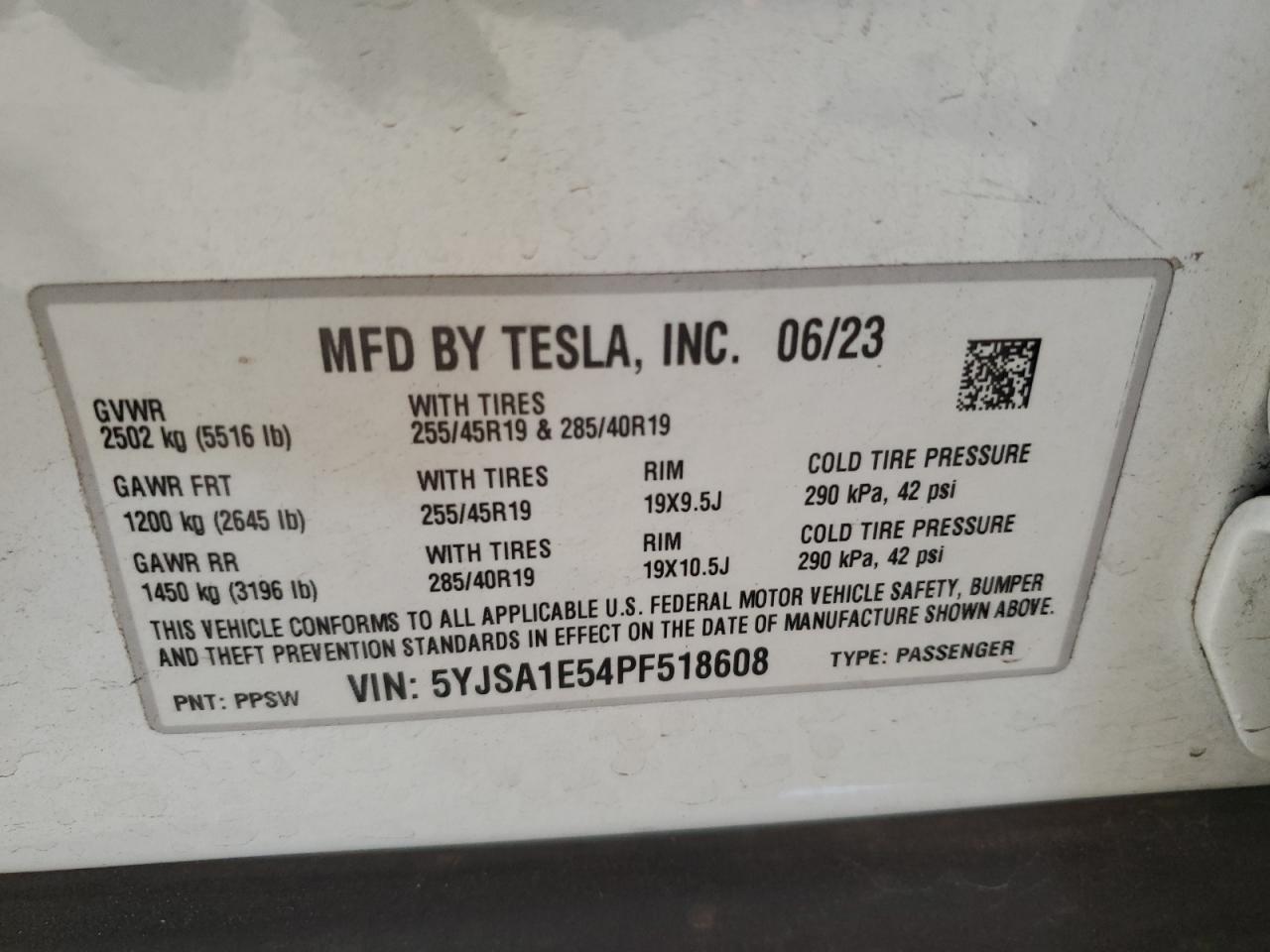 2023 Tesla Model S VIN: 5YJSA1E54PF518608 Lot: 81058585