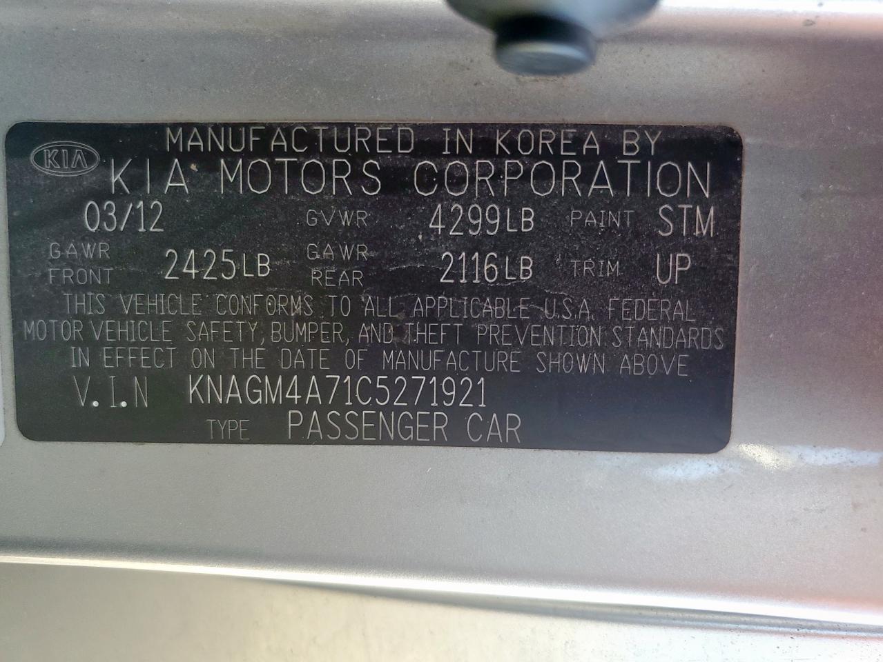 2012 Kia Optima Lx VIN: KNAGM4A71C5271921 Lot: 83749365