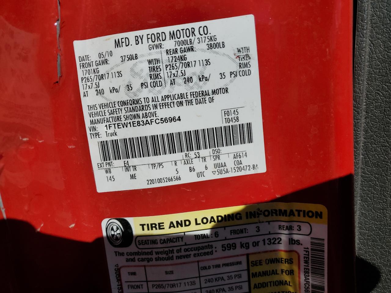 2010 Ford F150 Supercrew VIN: 1FTEW1E83AFC56964 Lot: 71597965