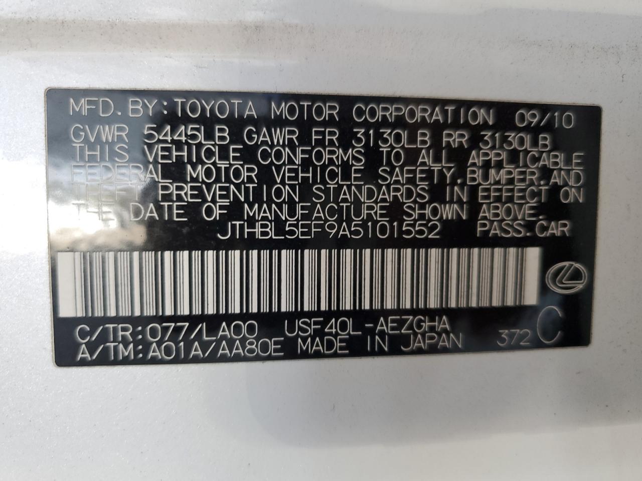 2010 Lexus Ls 460 VIN: JTHBL5EF9A5101552 Lot: 71132925