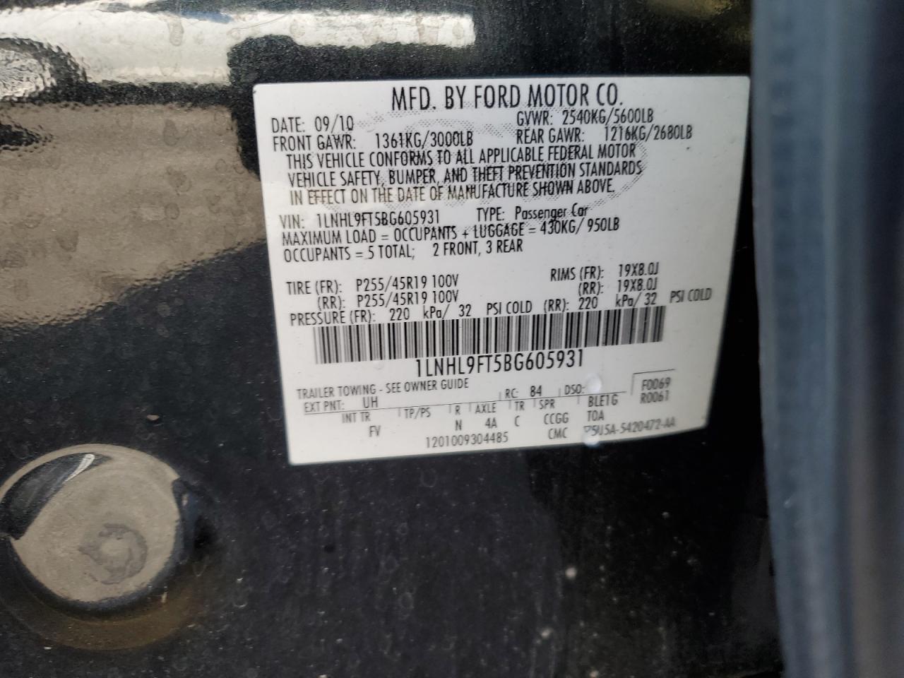 2011 Lincoln Mks VIN: 1LNHL9FT5BG605931 Lot: 81154445