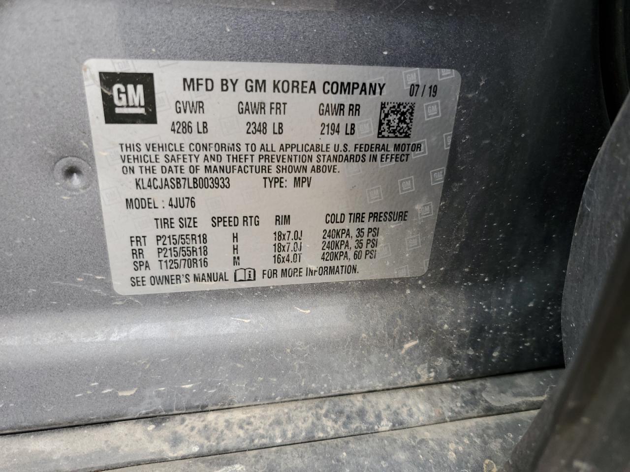 2020 Buick Encore Preferred VIN: KL4CJASB7LB003933 Lot: 72074625