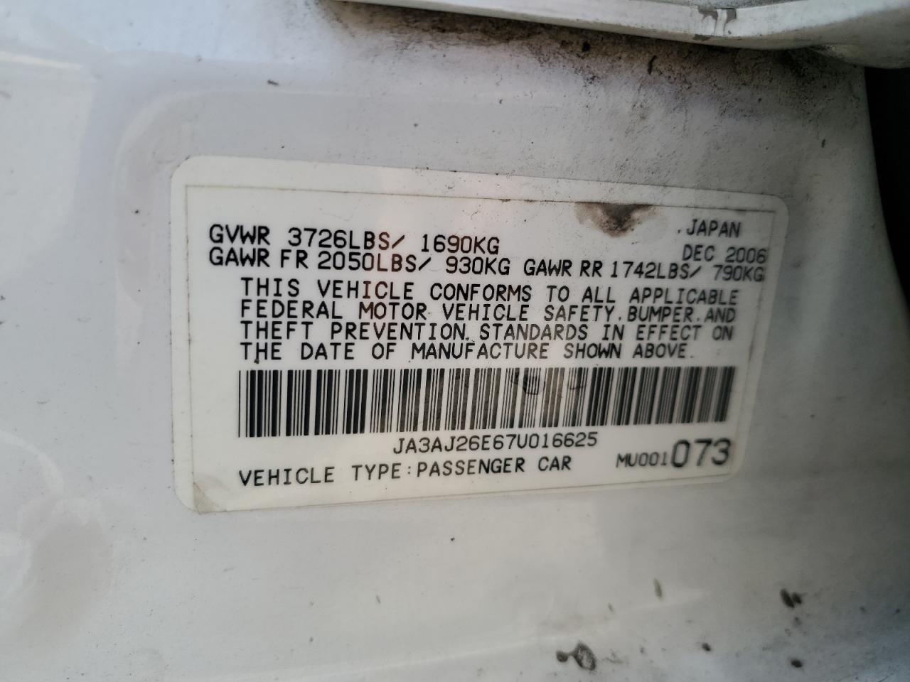 2007 Mitsubishi Lancer Es VIN: JA3AJ26E67U016625 Lot: 80871655