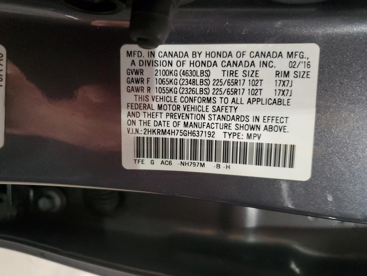 2016 Honda Cr-V Exl VIN: 2HKRM4H75GH637192 Lot: 81198635