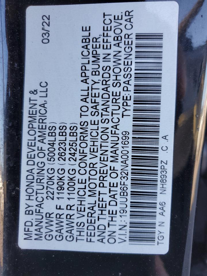2022 Acura Tlx VIN: 19UUB6F32NA001699 Lot: 71836275