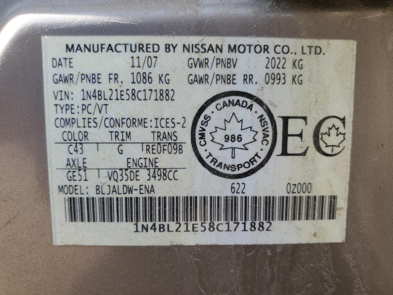 2008 Nissan Altima 3.5Se VIN: 1N4BL21E58C171882 Lot: 81497195