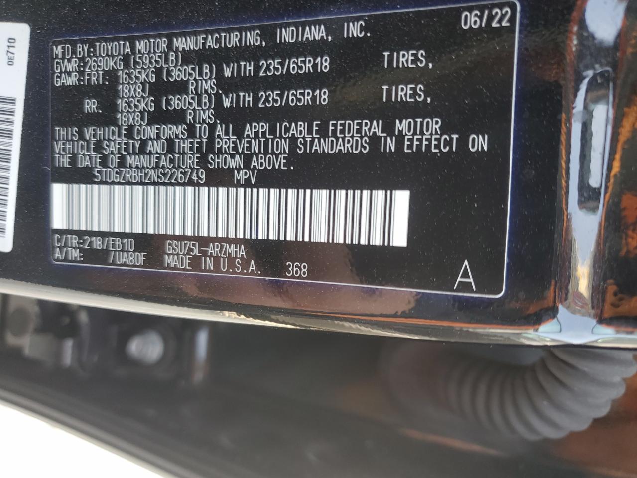 2022 Toyota Highlander Xle VIN: 5TDGZRBH2NS226749 Lot: 71797375