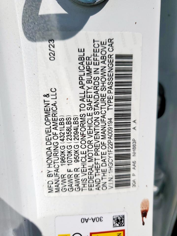 2023 Honda Accord Lx VIN: 1HGCY1F22PA009194 Lot: 81128505