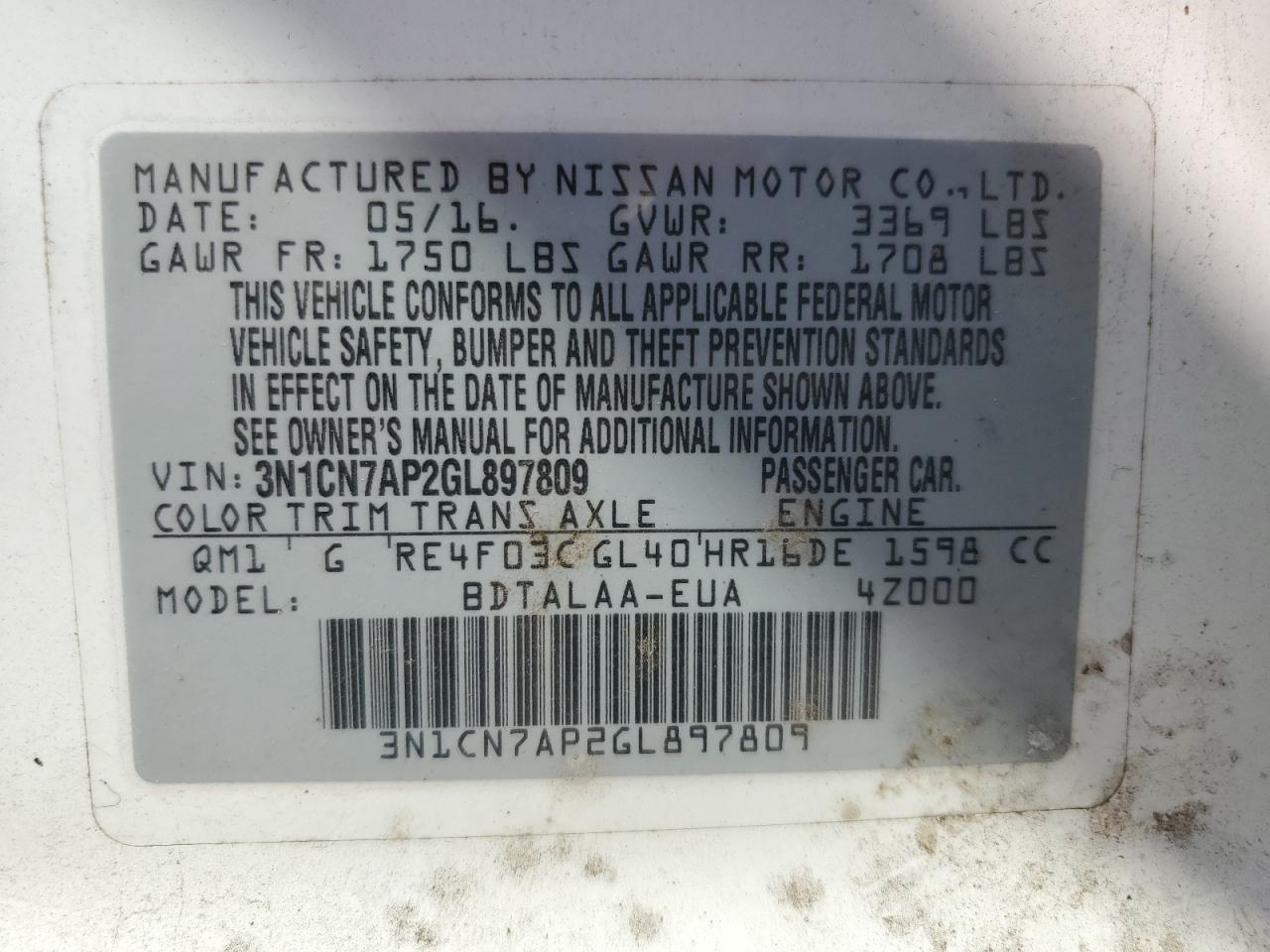 2016 Nissan Versa S VIN: 3N1CN7AP2GL897809 Lot: 80613035