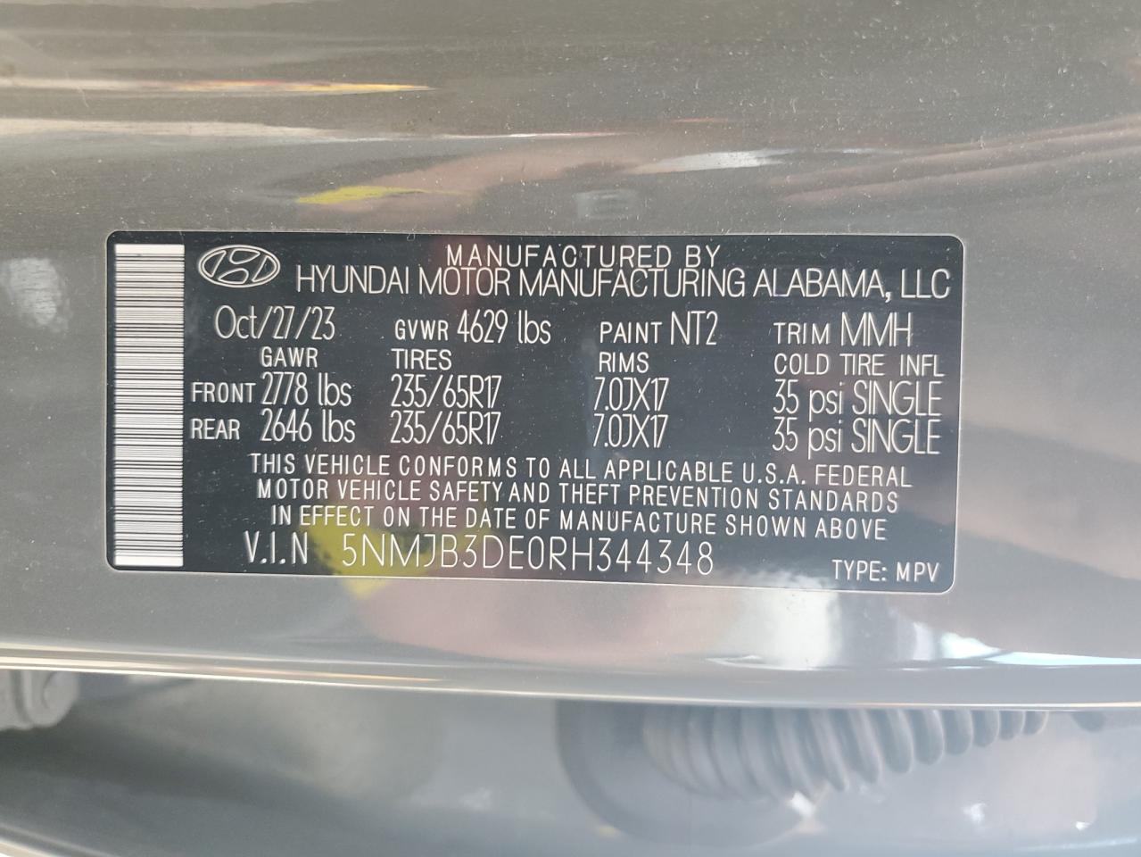 2024 Hyundai Tucson Sel VIN: 5NMJB3DE0RH344348 Lot: 80305155