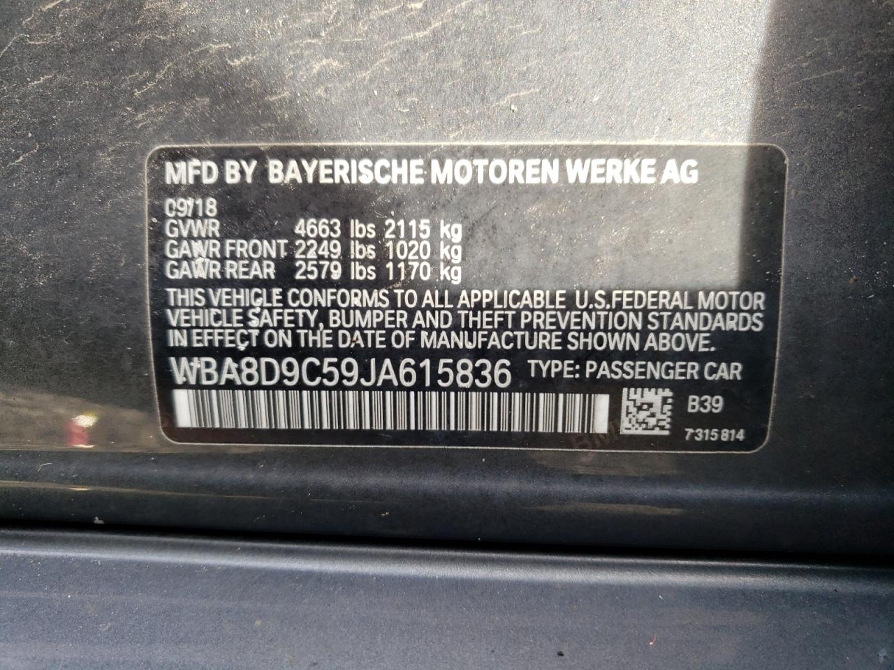 2018 BMW 330 Xi VIN: WBA8D9C59JA615836 Lot: 80060935