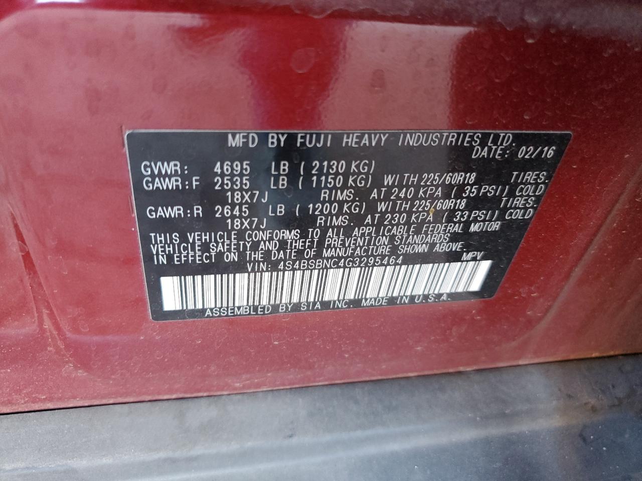 2016 Subaru Outback 2.5I Limited VIN: 4S4BSBNC4G3295464 Lot: 72025265