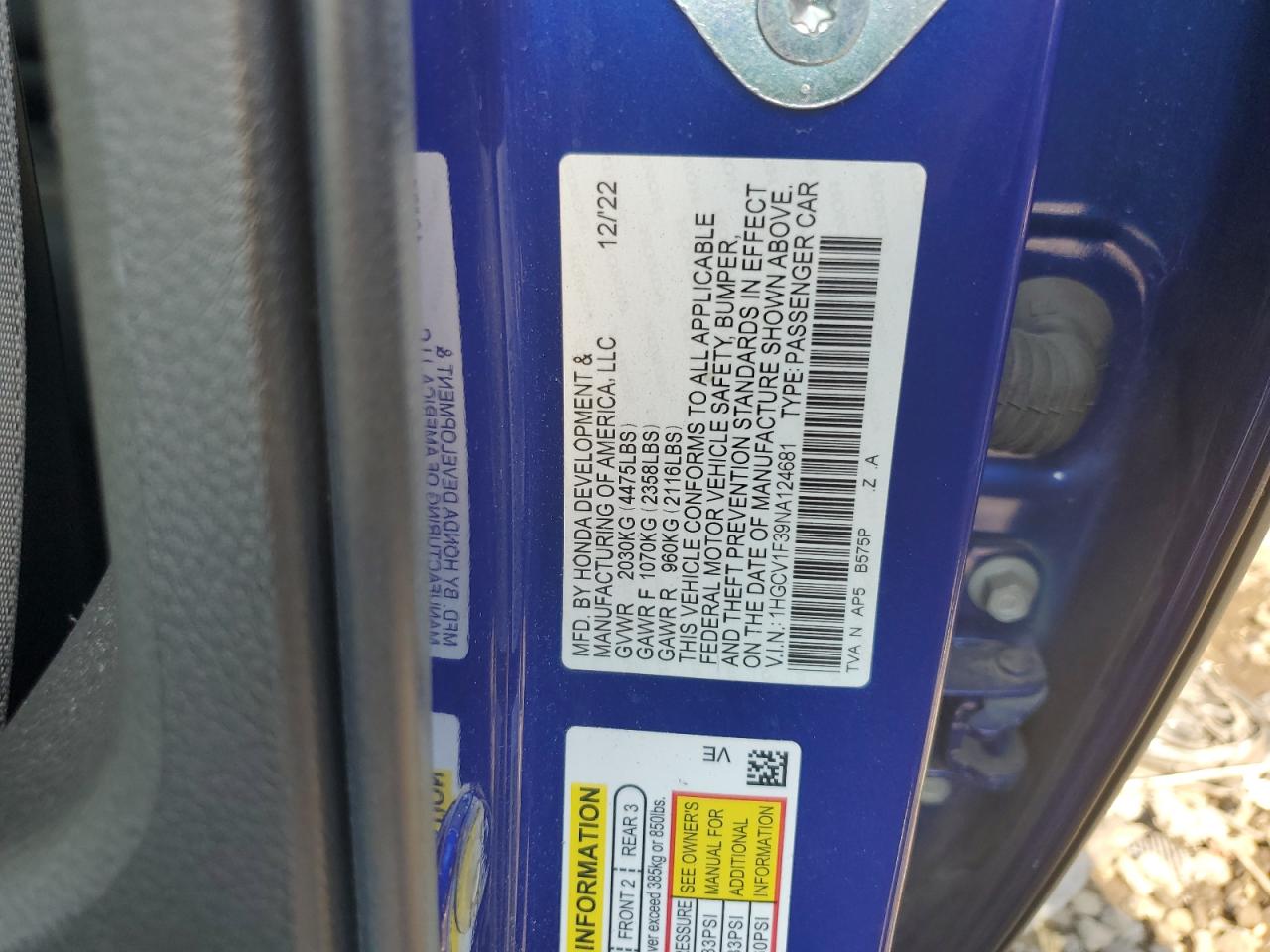 2022 Honda Accord Sport VIN: 1HGCV1F39NA124681 Lot: 81659055