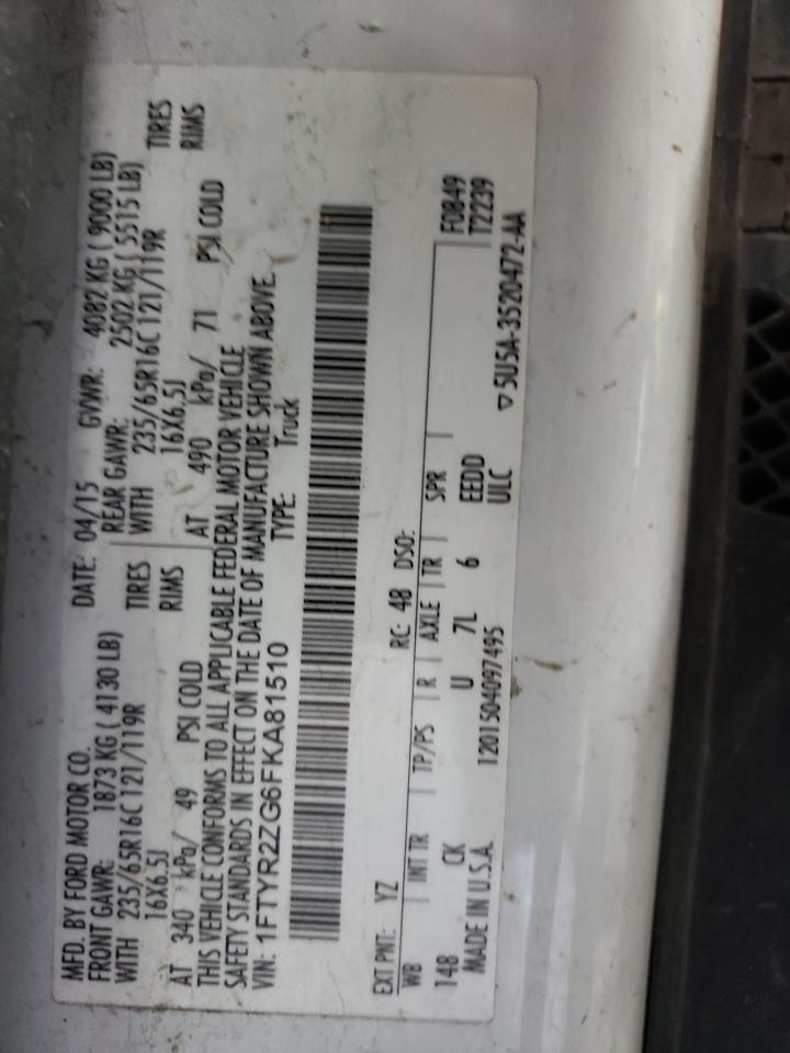 2015 Ford Transit T-250 VIN: 1FTYR2ZG6FKA81510 Lot: 83810035