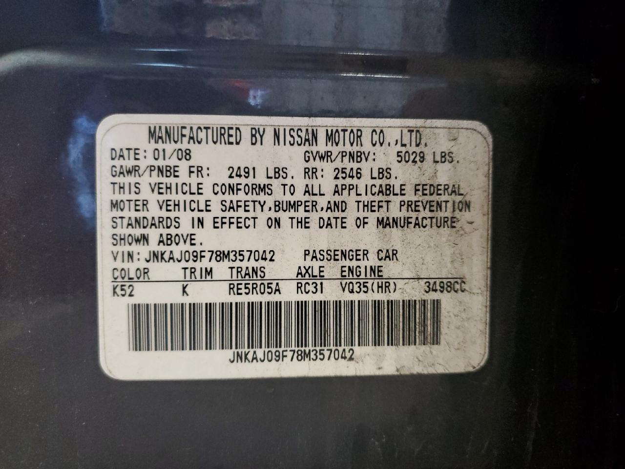 2008 Infiniti Ex35 Base VIN: JNKAJ09F78M357042 Lot: 81277005