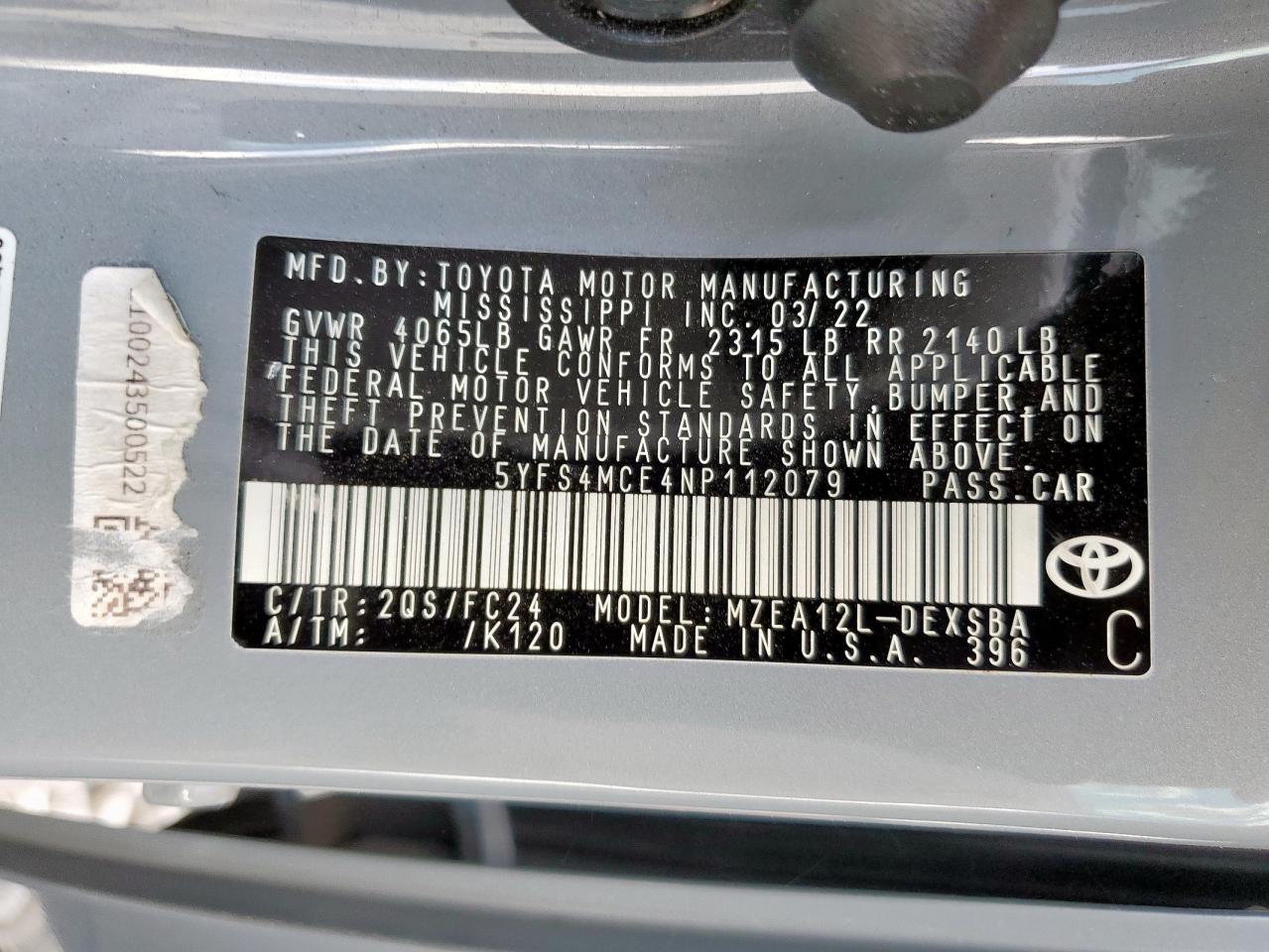 2022 Toyota Corolla Se VIN: 5YFS4MCE4NP112079 Lot: 80490835