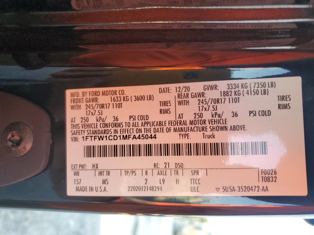 2021 Ford F150 Supercrew VIN: 1FTFW1CD1MFA45044 Lot: 91453385