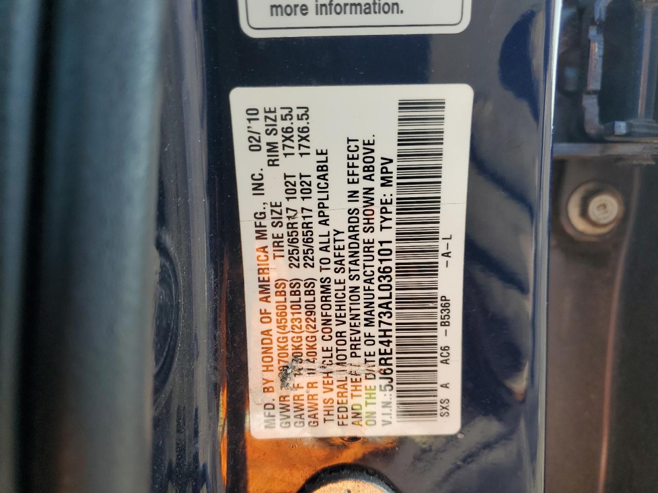 2010 Honda Cr-V Exl VIN: 5J6RE4H73AL036101 Lot: 81516145