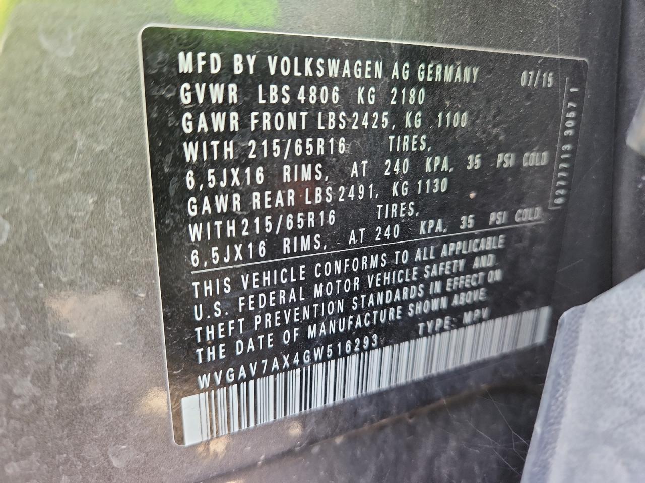 2016 Volkswagen Tiguan S VIN: WVGAV7AX4GW516293 Lot: 81141475