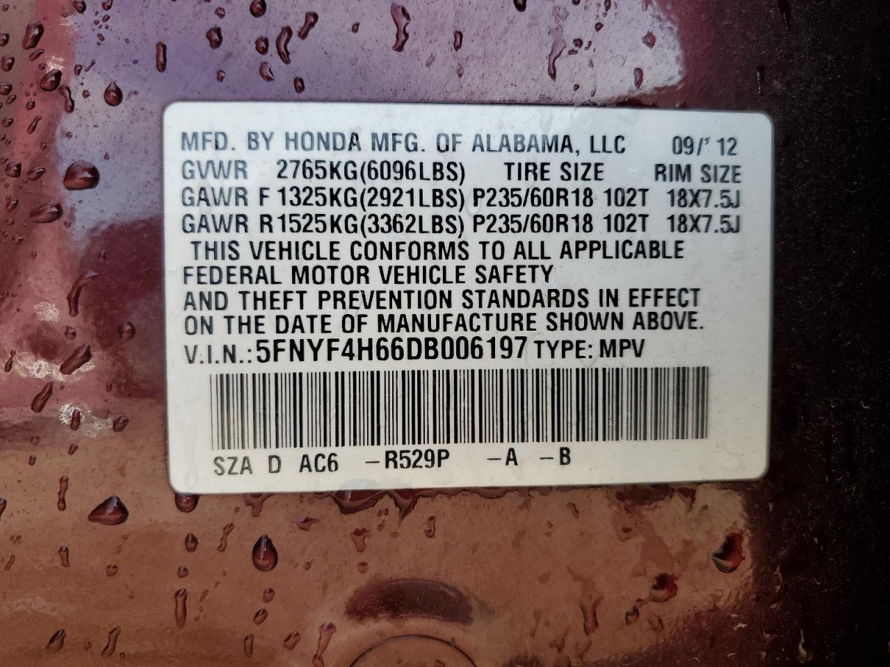 2013 Honda Pilot Exl VIN: 5FNYF4H66DB006197 Lot: 81457095