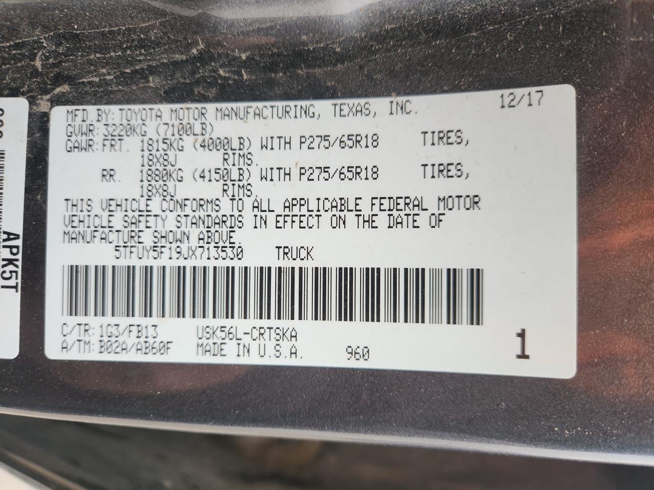 2018 Toyota Tundra Double Cab Sr VIN: 5TFUY5F19JX713530 Lot: 81757855