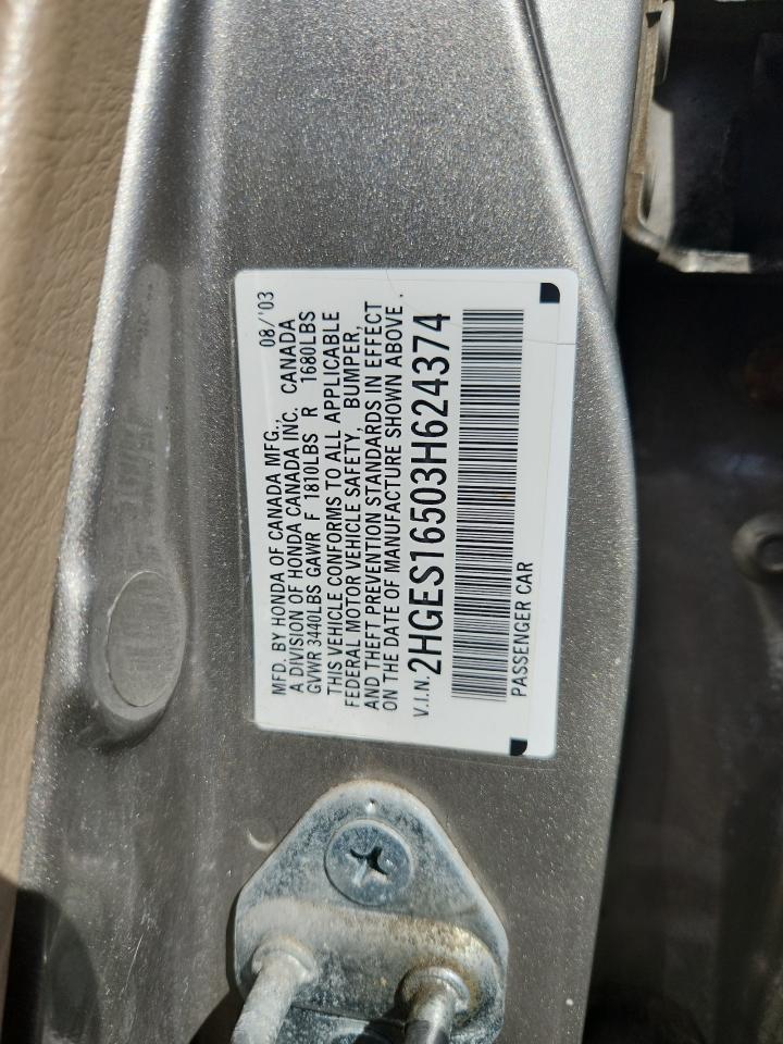 2003 Honda Civic Lx VIN: 2HGES16503H624374 Lot: 80549235