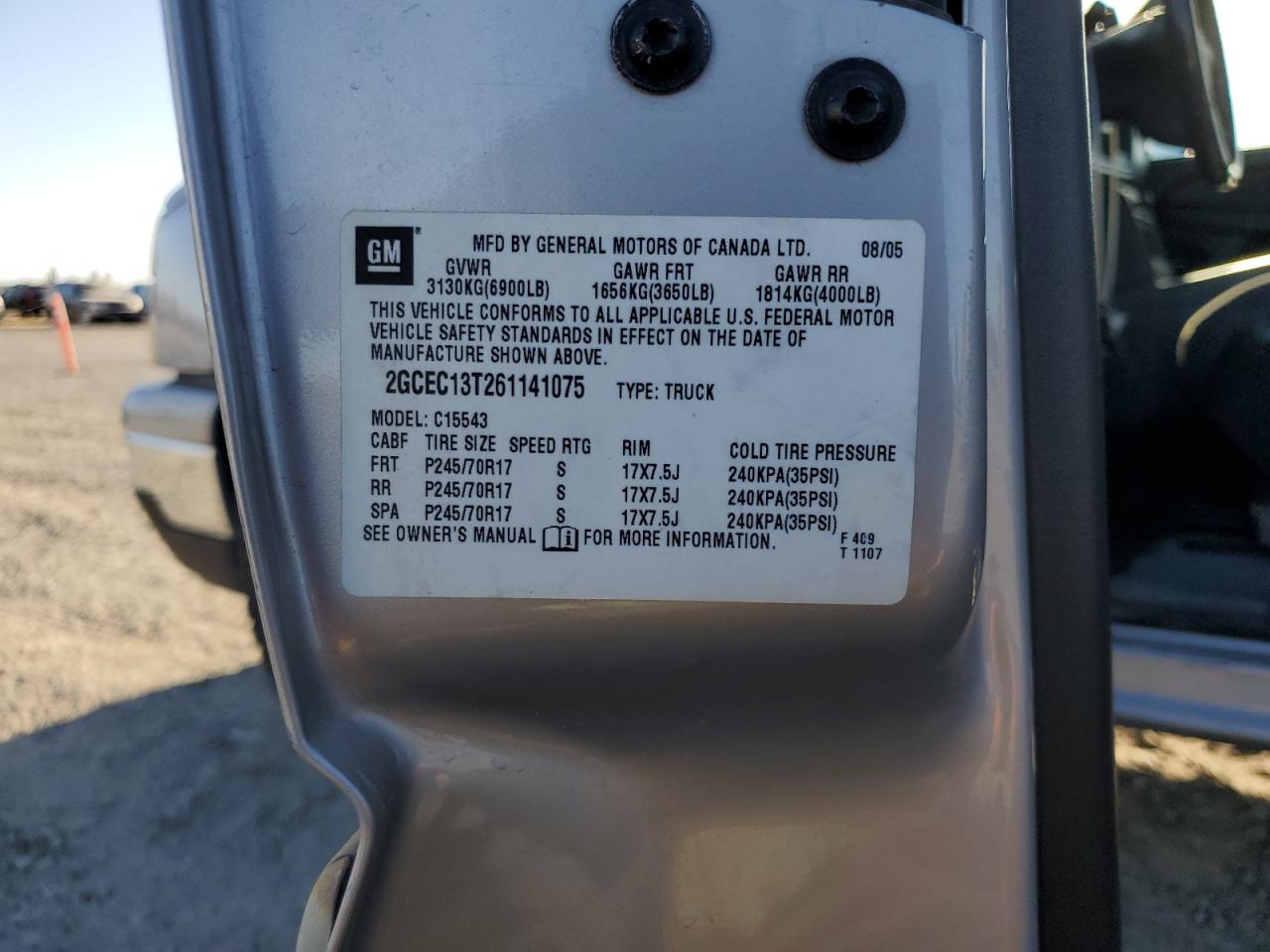 2006 Chevrolet Silverado C1500 VIN: 2GCEC13T261141075 Lot: 80486895