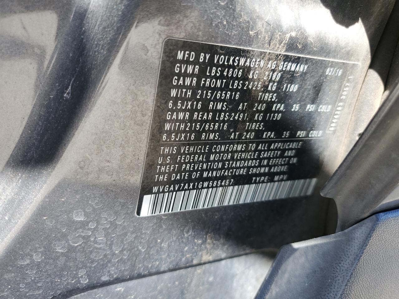 2016 Volkswagen Tiguan S VIN: WVGAV7AX1GW585457 Lot: 71930475