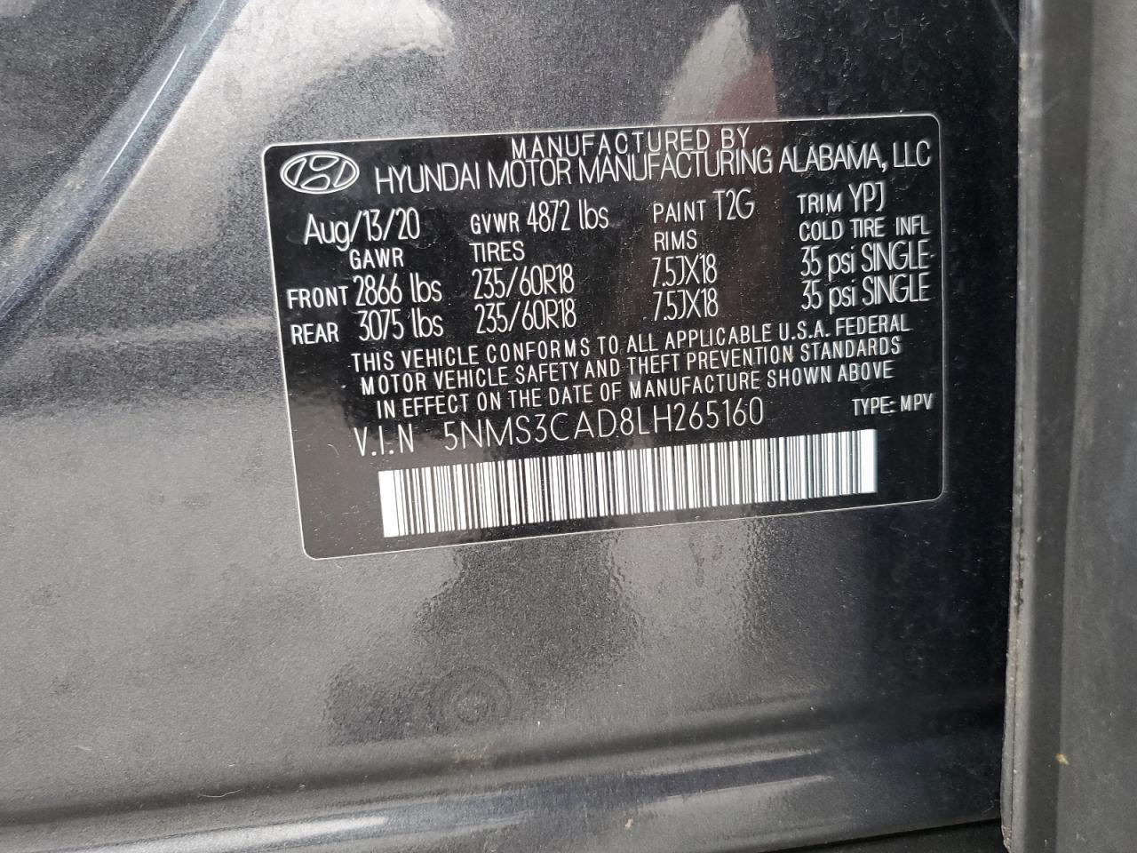 2020 Hyundai Santa Fe Sel VIN: 5NMS3CAD8LH265160 Lot: 71736905